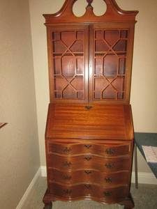lot 9 image: Vintage SECRETARY  WAVE FRONT desk, with top glass door display 2 drawers, 783016 keys included