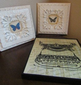 lot 104 image: framed Art of a vintage type writer 1212, metal wall art of butterflies 1111, qty 2