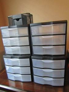 lot 106 image: 3 tier black plastic storage drawers qty 4 all like new, penpencil desk top storage bin