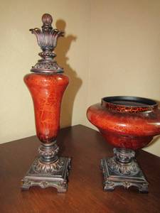 lot 107 image: House hold dcor canistersvases qty 2 maroon in color with footed base