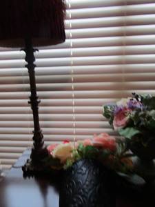 lot 110 image: 30 heavy lamp with shade, flower vase with wax flowers, wall flower vase art