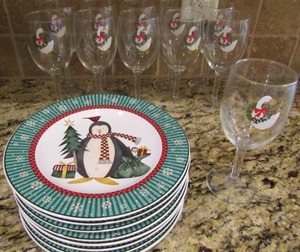 lot 45 image: Sakura Penguins saucers qty 8, & Goose long stem glasses for egg nog or wine QTY6
