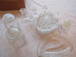 lot 122 image: various lot of clear glass includes, cups, canisters, plates and candle holders