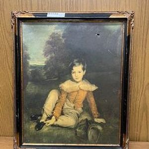 lot 127 image: antique painting of boy in frame