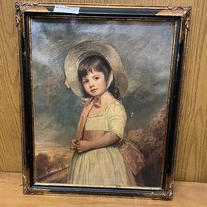 lot 126 image: antique painting of girl in frame