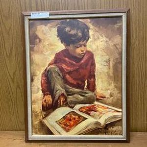 lot 95 image: boy reading book vintage framed pictureart