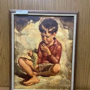 lot 96 image: boy eating grapes vintage framed pictureart
