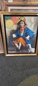 lot 155 image: Vintage oil painting of girl with balloons and dog in golf frame