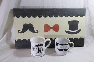 lot 10 image: Mustache theme art and mustache mugs