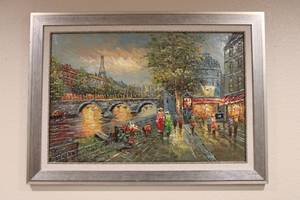 lot 24 image: Impasto oil on canvas French canal scene wood Silver Frame 43.5W x 31.5H