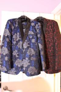 lot 30 image: (2) Macys INC Holiday Festive Suits (Slacks and Jacket). Size 42R (Blue one is a 3 piece w vest)