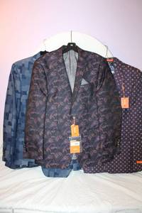 lot 29 image: (3) Macys Tallia Holiday Festive Blazers. Two still have retail price tag of $350. Size 42R