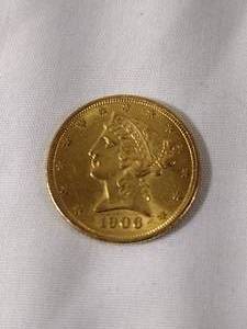 lot 3 image: 1906 $5 Liberty Head Half Eagle Reverse US Gold Coin, pre-1933, Philadelphia. More gold coins available in lots 154, 303, 347, 393.