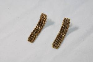 lot 55 image: Jewelry 14K yellow gold poststud dangle mesh earrings. Marked 14K on both earrings and butterfly backs. Approx. 1.5L