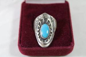 lot 88 image: Jewelry Sterling Silver Northern Cheyenne Turquoise ring. Marked Ben Nighthorse. Size 8 Has QVC branded information booklet also.