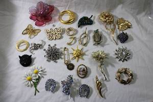 lot 162 image: Jewelry Pin & Brooch selection. Includes an early purple plastic flower form pin and various styles and makers