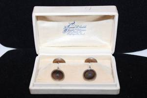 lot 191 image: Jewelry 10K two tone yellow and white gold and shell antique Victorian cufflinks in fitted period box from Jeweler and Optician. Marked 10K.