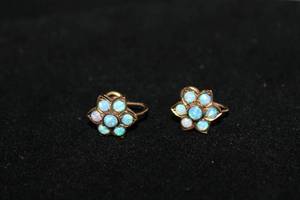 lot 197 image: Jewelry 10K yellow gold and opal vintage cluster screw back earrings. Marked 10K. Very nice Play of Color w some red.