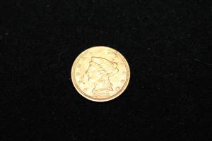 lot 303 image: 1853 $2.50 Liberty Head Half Eagle Reverse US Gold Coin, pre-1933, Philadelphia. 90% percent gold. Only made at the Philadelphia and Dahlonega (D) mints in 1853. More gold coins available in lots 3, 154, 347, 393.