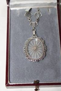 lot 338 image: 14K white gold antique Vintage art deco (1930s) crystal camphor glass and diamond filigree pendant necklace. Marked 14K 808. Diamond tested. In original fitted push button box. 16L