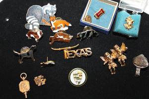 lot 351 image: Selection of pins and insignia. Varying ages and styles. Some fraternal, animal enamel, plus