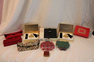 lot 382 image: (2) vintage Estee Lauder boxed pocket watches, (2) Beaded figural animal coin purses, Coach leather bifold wallet (dog eared, cracking), eyeglass cases (including Talbots) and leather sided pillbox