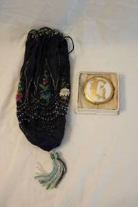 lot 394 image: Antique Victorian fabric and beaded drop drawstring purse (incredible condition) and Victorian ceramic statement pin with L or G monogram (C-clasp)