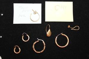 lot 420 image: (6) 14K yellow gold single earrings (one is James Avery), 14K gold heart. All marked 14K. More James Avery in Lot 358