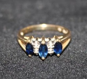 lot 421 image: 14K yellow gold Blue Spinel and Diamond ring. Marked 14K. Diamonds tested. Blue stones test as Spinel but please verify at preview. Size 6.5