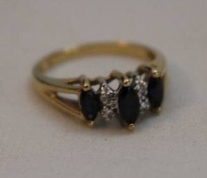 lot 422 image: 14K yellow gold Sapphire and Diamond ring. Marked 14K Diamonds and Sapphires tested. Size 6.5