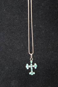 lot 470 image: Sterling Silver box link chain necklace with Sterling Turquoise cross pendant. Necklace marked  925 Italy. Cross unmarked. Necklace 28L
