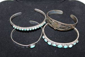 lot 471 image: (3) Sterling Silver Turquoise bracelets. Vintage. No markings found. Also includes a copper Thunderbird bracelet (possibly Fred Harvey era).