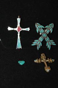 lot 479 image: Faux Turquoise jewelry. Includes a Byzantine style gold toned vintage cross and more.