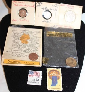 lot 482 image: International coinage 1950 Netherlands 10 Cent , 1952 Swiss  Centime , 1954 Norway 1 Krone, 1950 German 1 Pfenning, 1965 Mexican Centavo plus stamps