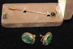 lot 488 image: 12K Gold Filled bezel set carved Jade screw back earrings. Jade tested as Jade. Also includes a 12K Gold Filled stickpin with green stone. Untested