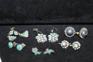 lot 467 image: (6) Sterling Silver and Turquoise earrings. Varying ages and styles. Unmarked.