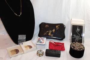 lot 380 image: (2) Black lacquer inlaid boxes and Asian inspired jewelry boxes keepers. Also includes Cloisonn hair pins and necklaceearring set