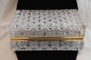 lot 390 image: Crystal hinged box with brass trim. 7W x 4.5H x 3D