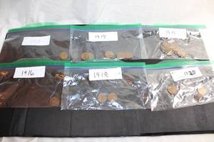 lot 214 image: Coins (28) Wheat Pennies - 1912, 1916, 1917, 1918, 1919, and unknown dates