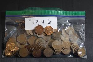 lot 222 image: Coins (90) Wheat Pennies - 1946