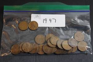 lot 223 image: Coins (28) Wheat Pennies - 1947