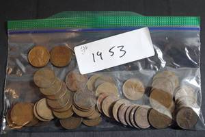 lot 229 image: Coins (56) Wheat Pennies - 1953