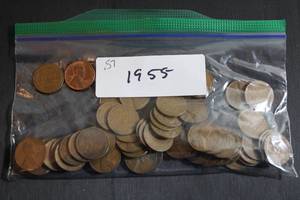 lot 231 image: Coins (57) Wheat Pennies - 1955