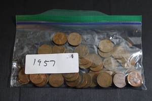 lot 233 image: Coins (54) Wheat Pennies - 1957