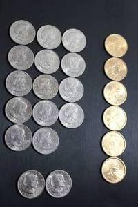 lot 244 image: Coins (14) 1979 Susan B. Anthony Dollar Coins, (2) 1980 Susan B.s, (6) Sacagawea Dollar Coins. Bid is times the quantity