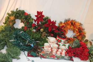 lot 271 image: Home Dcor Fall and Christmas Wreath, Greenery, Lights, Artificial Flowers, Ceramic Santa Cup Set