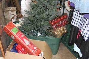 lot 275 image: Small Christmas Tree, Red and Gold Ornaments, White Tree and More