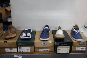 lot 299 image: (5) pairs of Womens shoes Size 7 Born sandals, Clarks navy sandal, Keds blue, Talbots sandalwood, and Keds eyelet navy blue