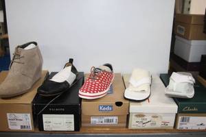 lot 515 image: (5) Pairs of Womens Shoes - Size 7-7.5 Toms Desert Wedge Taupe Suede, Talbots Black Roxie, Keds Patriotic Star Red, Talbots White Sandal, Clarks Breeze Sea White Thong Sandal