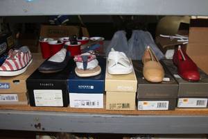 lot 516 image: (6) Pairs of Womens Shoes - Size 7-7.5 Keds Red Stripe, Talbots Blue Roxie, Sperry NavyRed Anchors, Enzo Angiolini Tan Flat, and Enzo A. Chili Red Flat, Plus Michael Kors Optic White Sandal